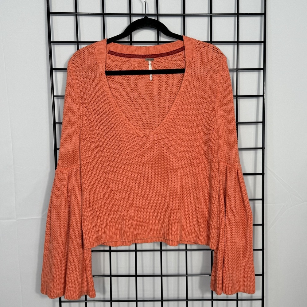 Free People Damsel Bell Sleeve Sweater Womens XS Coral V-Neck Bohemian Boho
